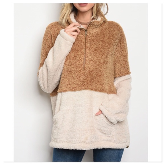 LAST ONE Camel & Ivory Faux Sherpa Fleece Pullover - Picture 3 of 8